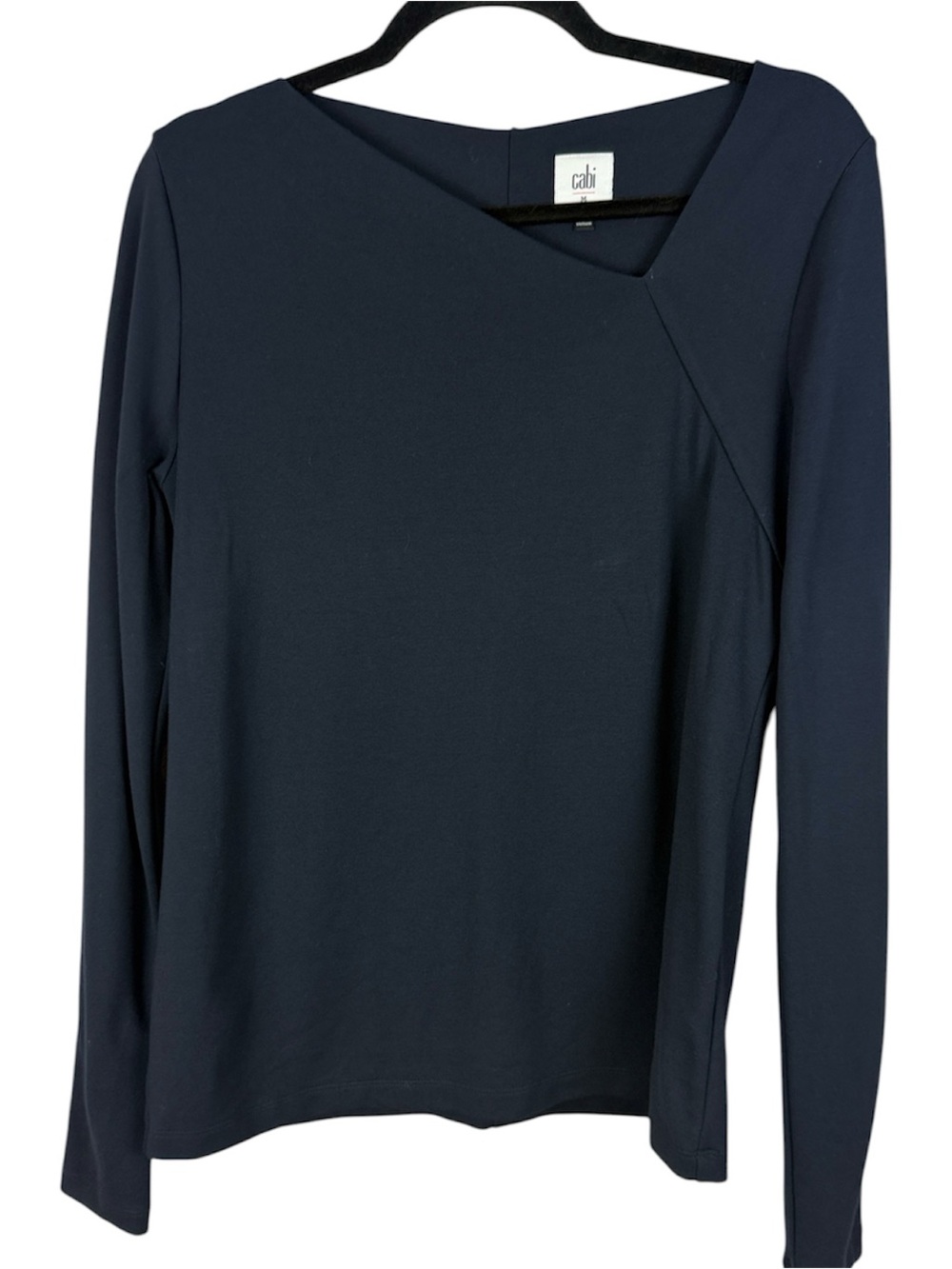 Cabi Navy Asymmetric Notch Neck Long Sleeve Top M Built In Shelf Bra Sport